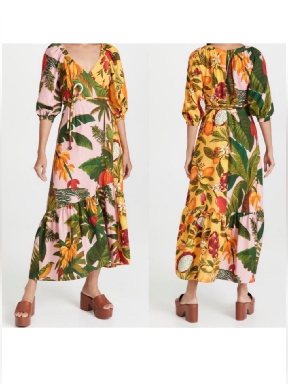 FARM Rio Tropical Floral Wrap Midi Dress in Yellow and Pink in XS